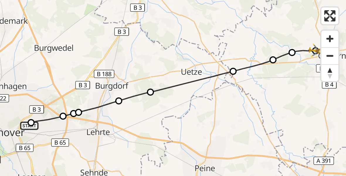 Flugroute Rettungshubschrauber Hannover Luftrettung Hubschrauberlandeplatz (Christoph 4) - Gifhorn Bundespolizei Hubschrauberlandeplatz, 01 Juli 2026, 19:12