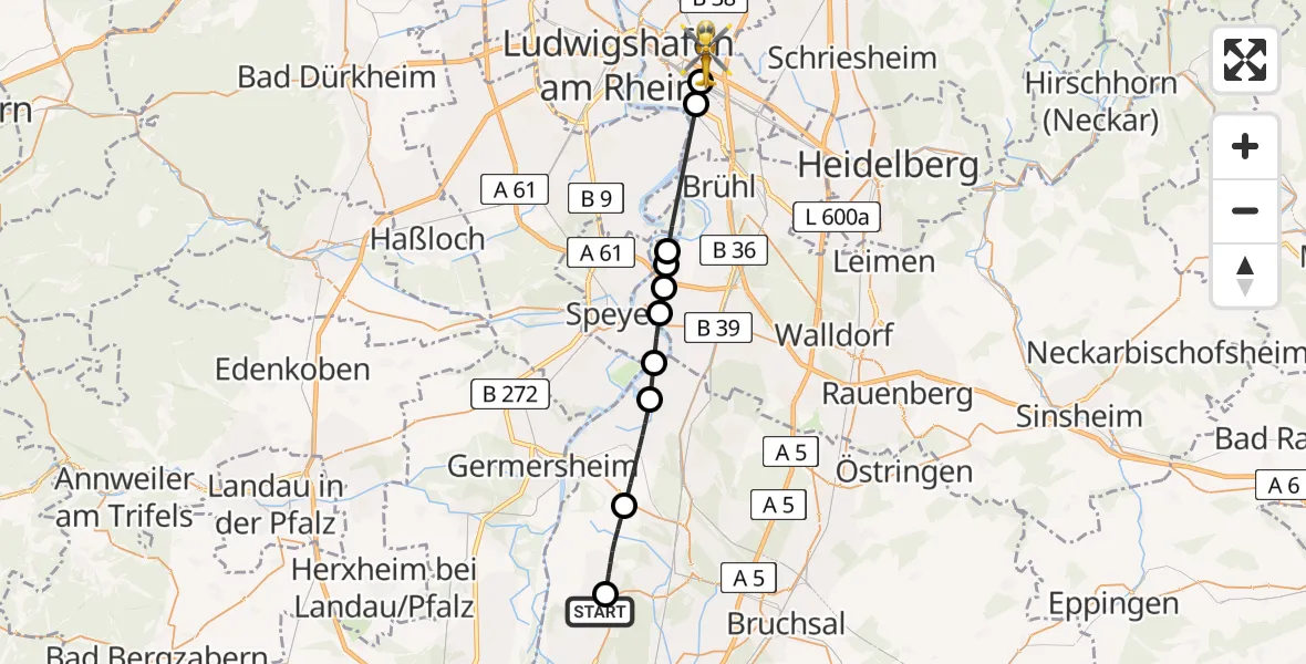 Flugroute Rettungshubschrauber Linkenheim-Hochstetten - Mannheim-City Flughafen, 01 Juli 2026, 19:12