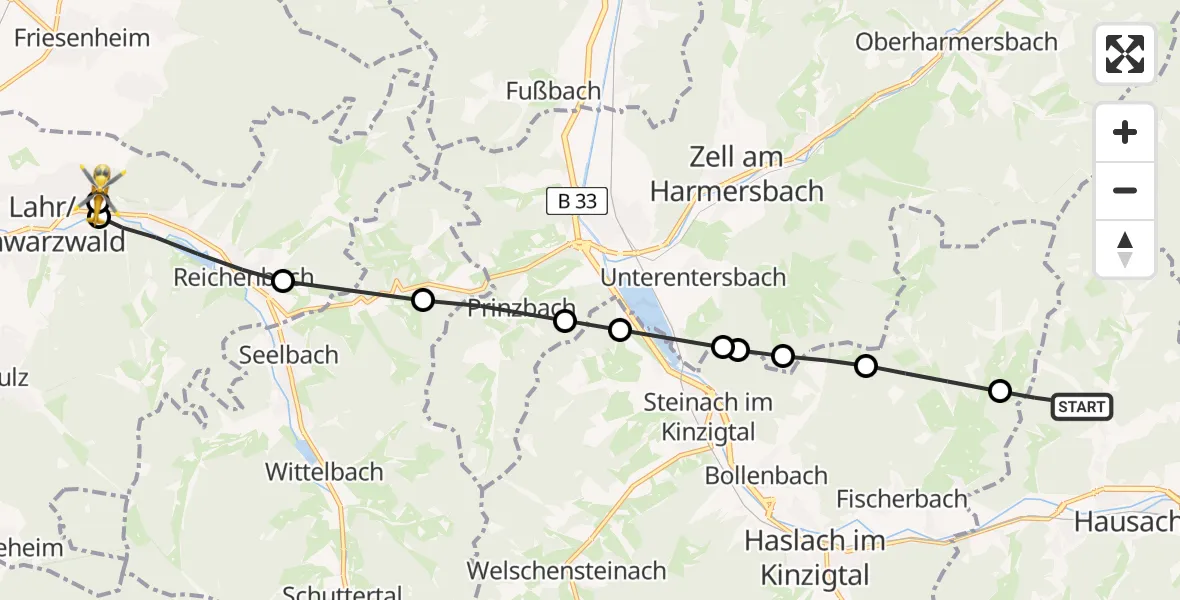 Flugroute Rettungshubschrauber Hausach - Ortenau Hospital Lahr-Ettenheim, 01 Juli 2026, 19:13