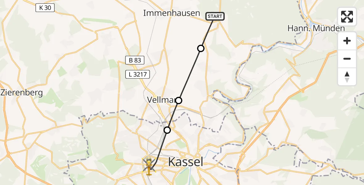 Flugroute Rettungshubschrauber Immenhausen - Kassel, 01 Juli 2026, 19:23