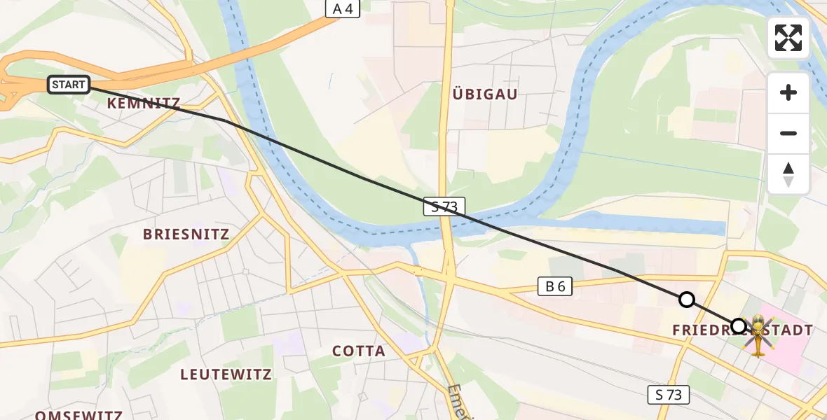 Flugroute Rettungshubschrauber Dresden - Dresden Friedrichstadt Hospital, 01 Juli 2026, 19:26