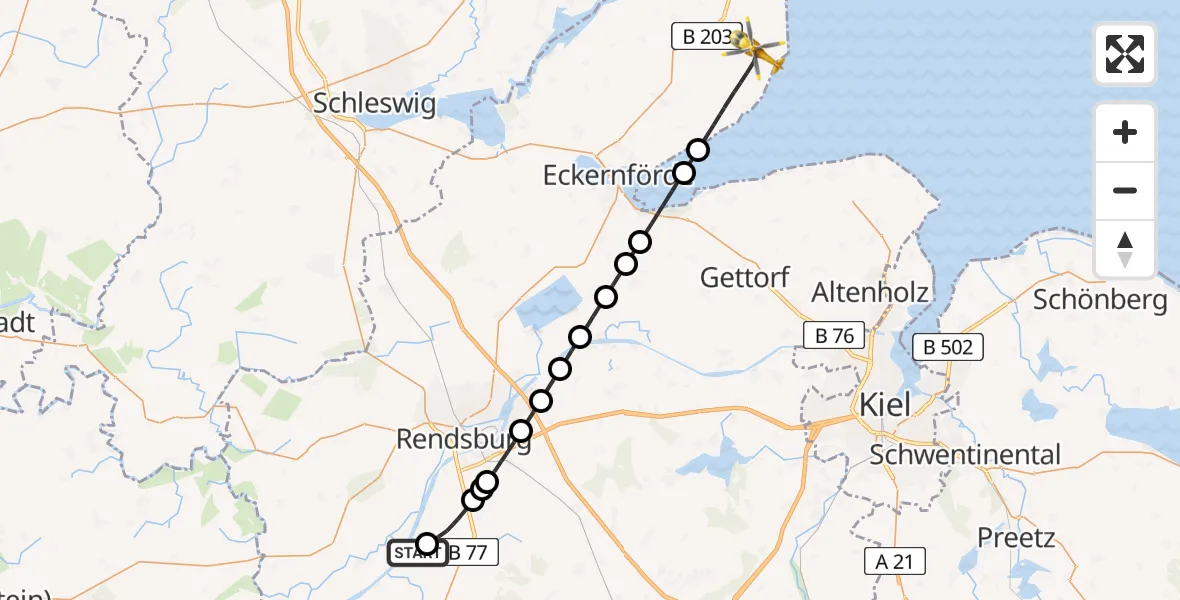 Flugroute Ambulanzhubschrauber Schülp b.Rendsburg - Waabs, 01 Juli 2026, 19:27