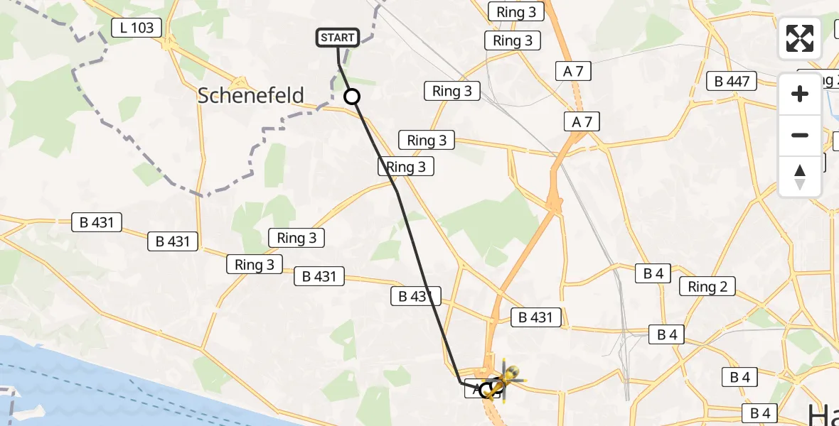 Flugroute Ambulanzhubschrauber Schenefeld - Asklepios Hospital Altona, 01 Juli 2026, 19:31