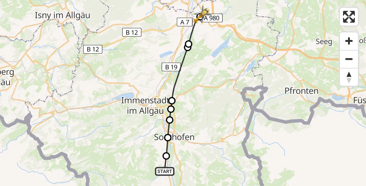 Flugroute Rettungshubschrauber Fischen i.Allgäu - Kempten-Durach Flugplatz, 01 Juli 2026, 19:39