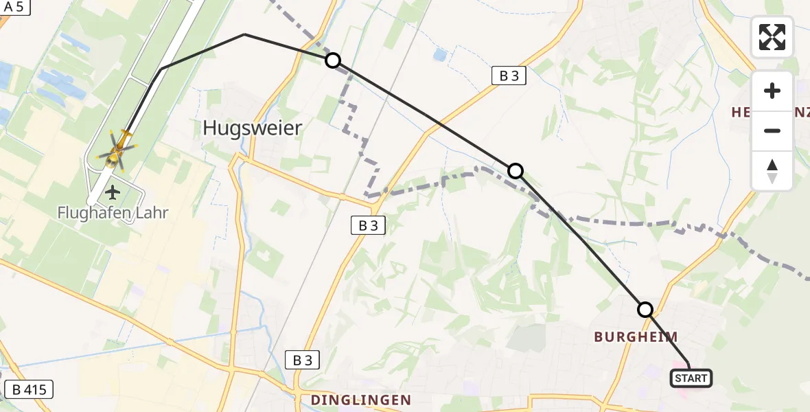 Flugroute Rettungshubschrauber Ortenau Hospital Lahr-Ettenheim - Lahr Flughafen, 01 Juli 2026, 19:41