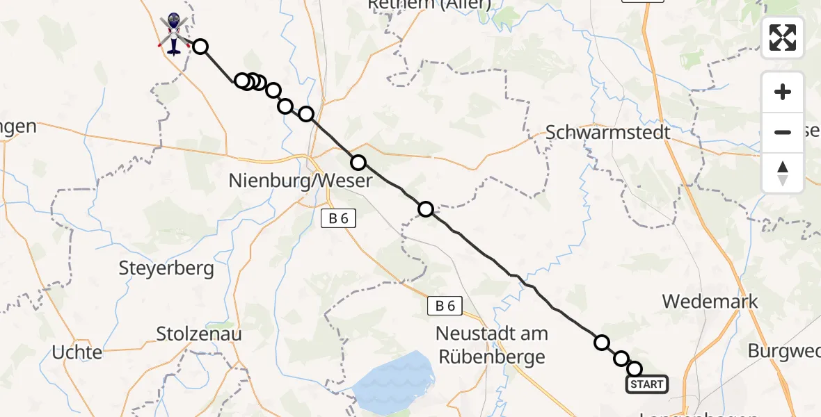 Flugroute Polizeihubschrauber Flughafen Hannover - Asendorf, 01 Juli 2026, 19:45