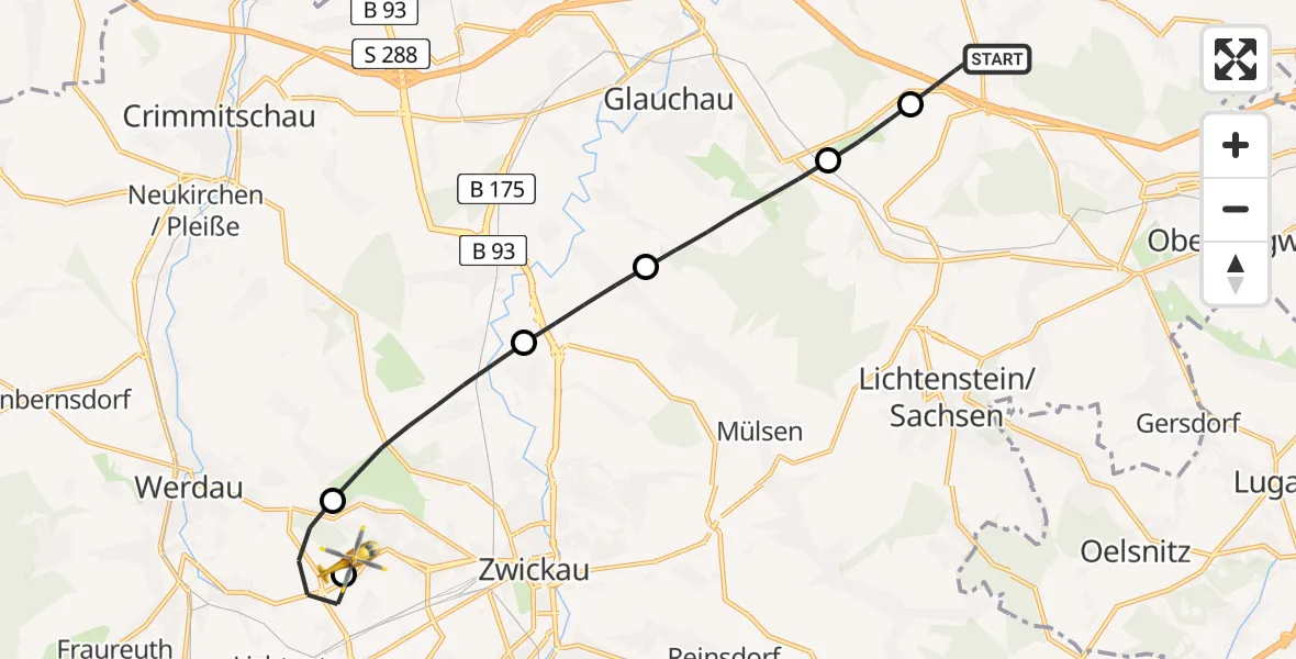 Flugroute Rettungshubschrauber Callenberg - ADAC Air Rescue Station Zwickau Hubschrauberlandeplatz, 01 Juli 2026, 19:48