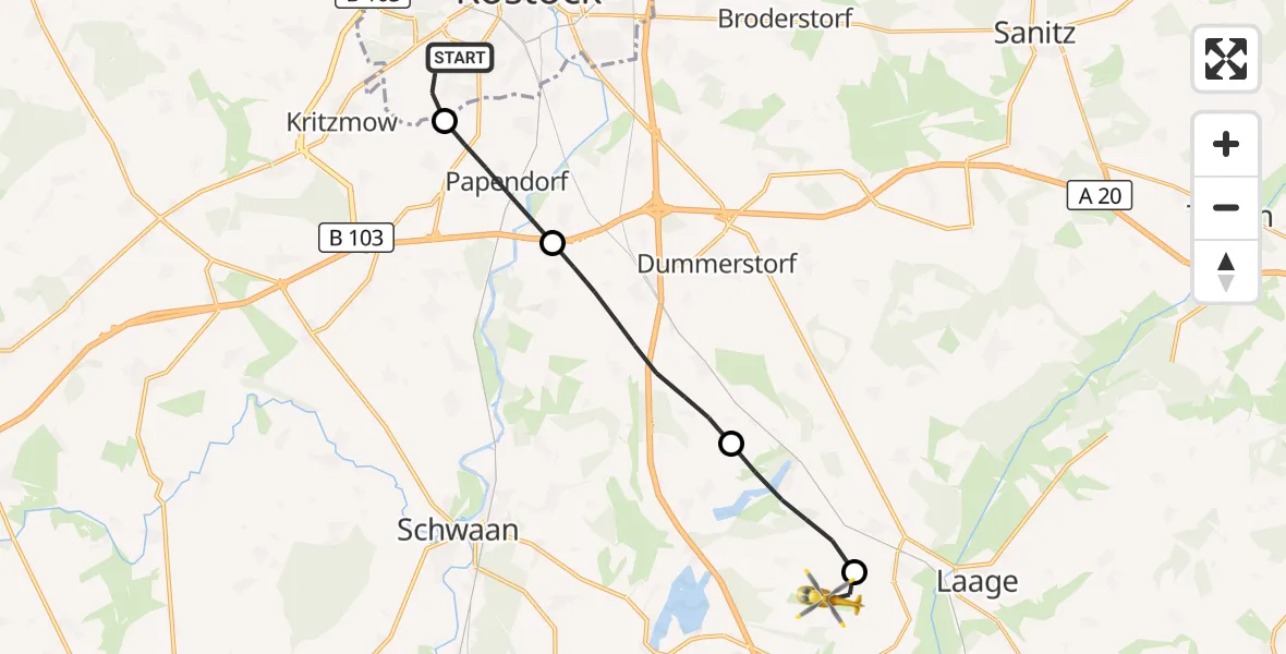 Flugroute Rettungshubschrauber Rostock - Flughafen Rostock-Laage, 01 Juli 2026, 19:54
