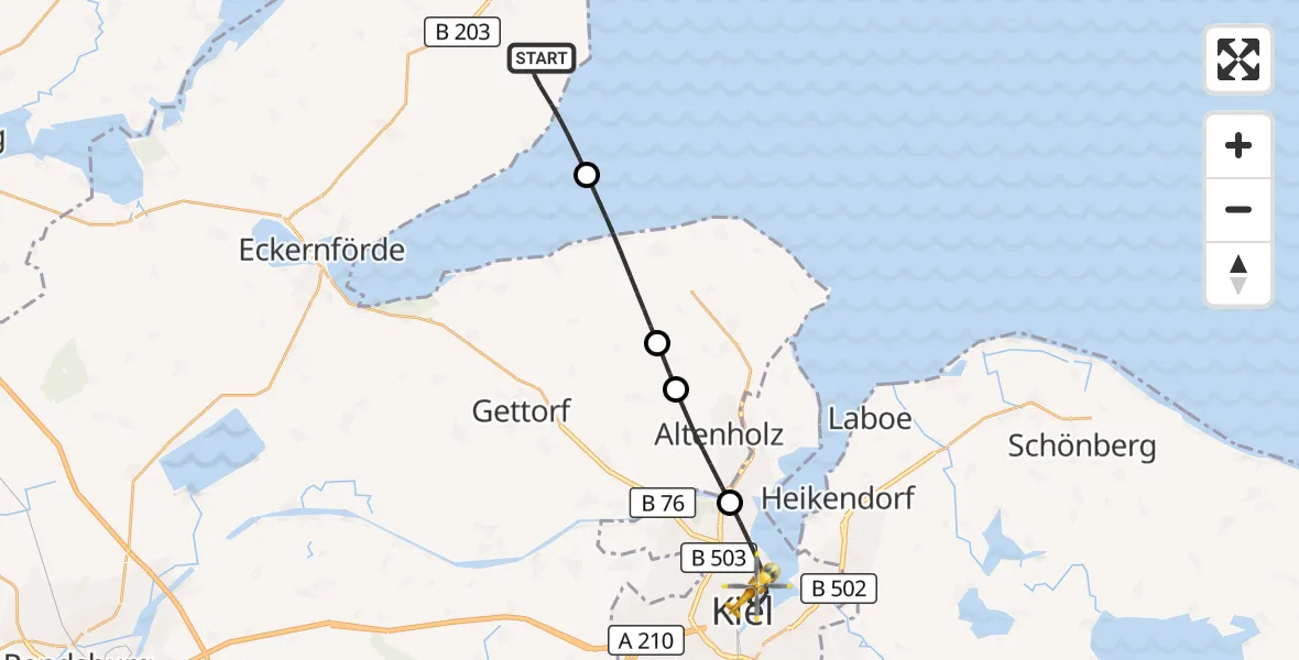 Flugroute Ambulanzhubschrauber Waabs - Kiel, 01 Juli 2026, 20:00
