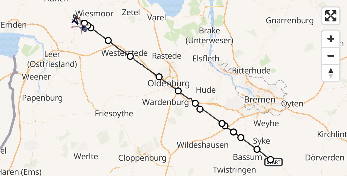Flugroute Polizeihubschrauber Bruchhausen-Vilsen - Großefehn, 01 Juli 2026, 20:06