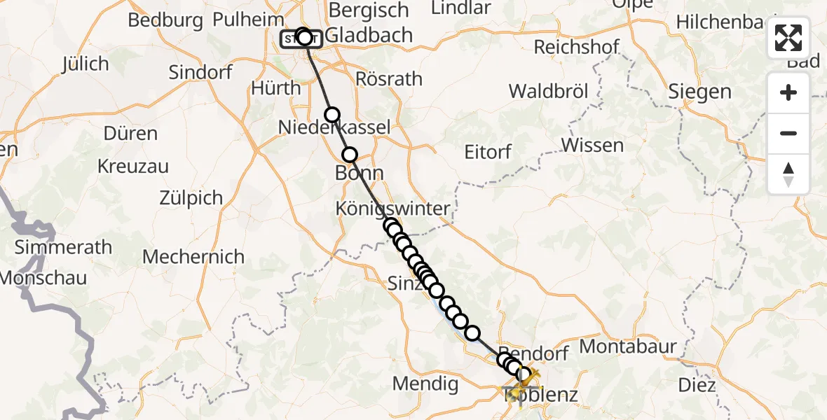 Flugroute Rettungshubschrauber Sankt Vinzenz Hospital - Koblenz, 01 Juli 2026, 20:15