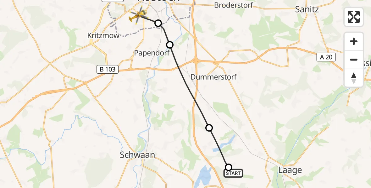 Flugroute Rettungshubschrauber Flughafen Rostock-Laage - Rostock, 01 Juli 2026, 20:23