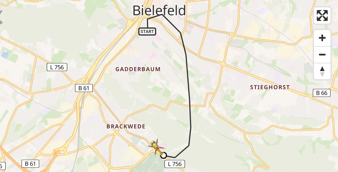Flugroute Rettungshubschrauber Bielefeld - Luftrettungszentrum Bielefeld, 01 Juli 2026, 20:36