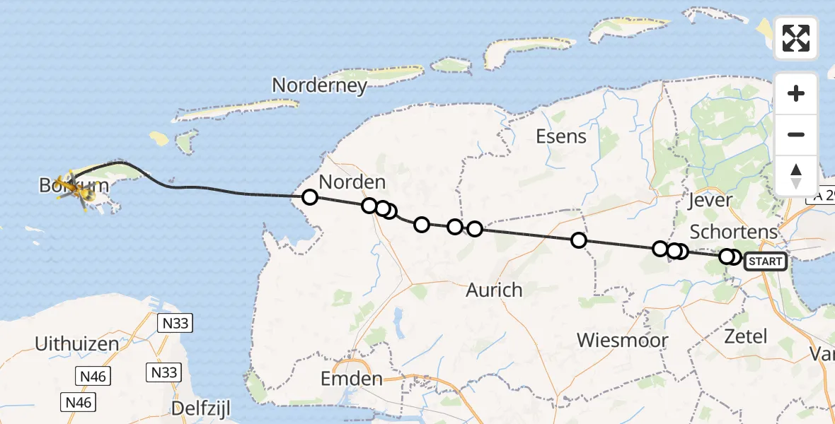 Flugroute Rettungshubschrauber Sande - Borkum Island Hospital, 01 Juli 2026, 21:16