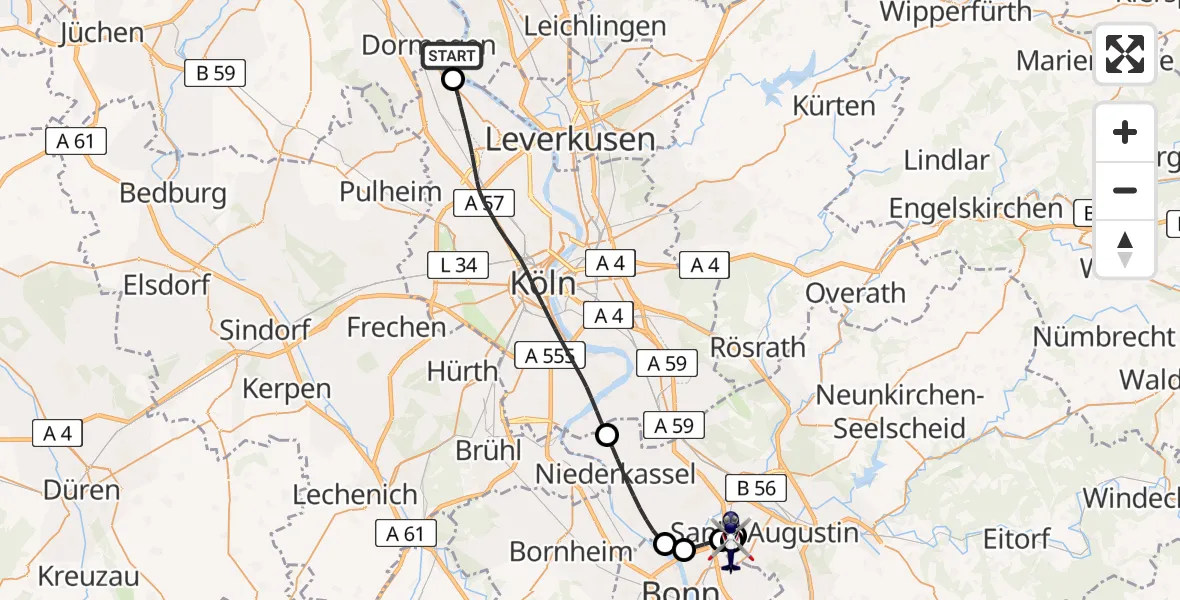 Flugroute Polizeihubschrauber Monheim am Rhein - Sankt Augustin, 01 Juli 2026, 21:21