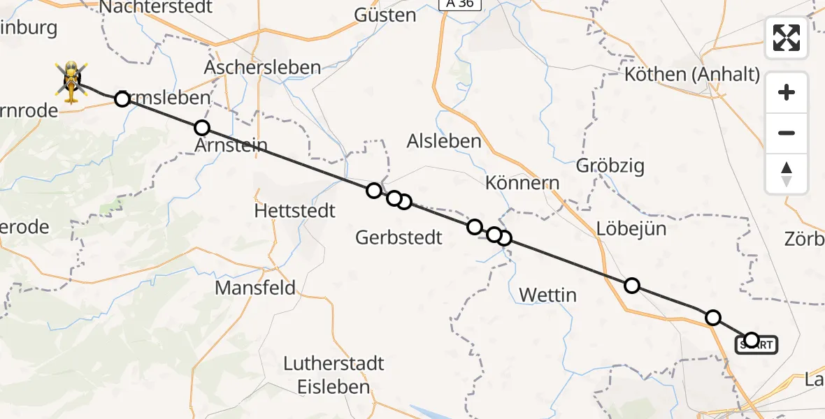 Flugroute Rettungshubschrauber Halle-Oppin Flugplatz - Ballenstedt Flugplatz, 01 Juli 2026, 21:34