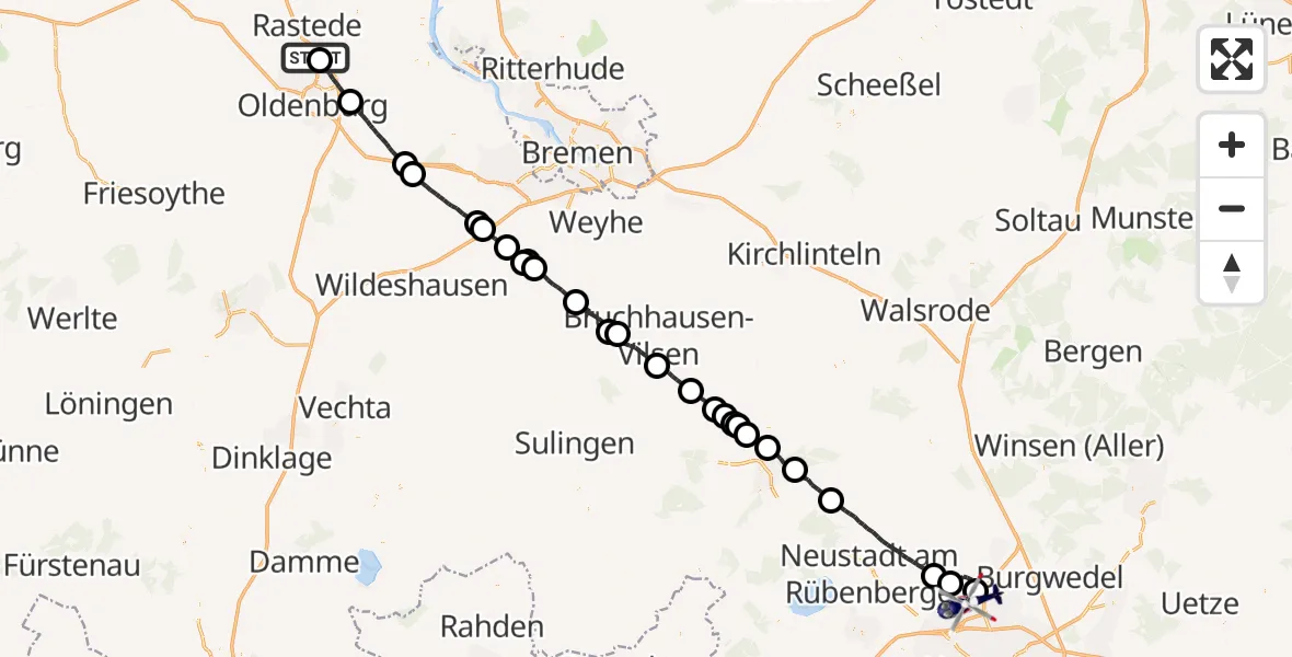 Flugroute Polizeihubschrauber Rastede - Flughafen Hannover, 01 Juli 2026, 21:45