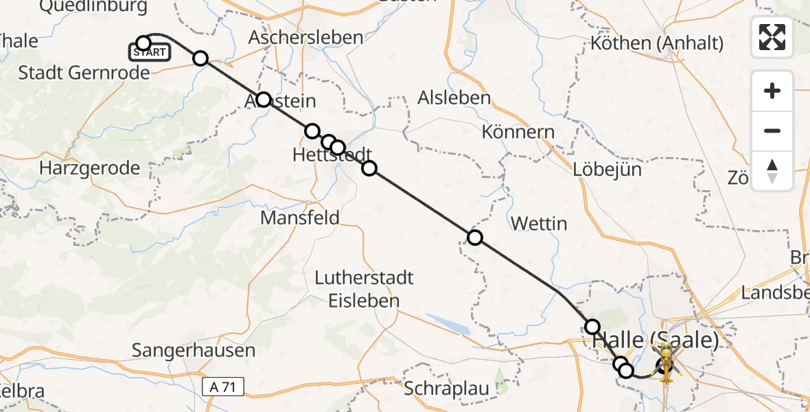 Flugroute Rettungshubschrauber Ballenstedt Flugplatz - BG Hospital Bergmannstrost Halle, 01 Juli 2026, 22:26