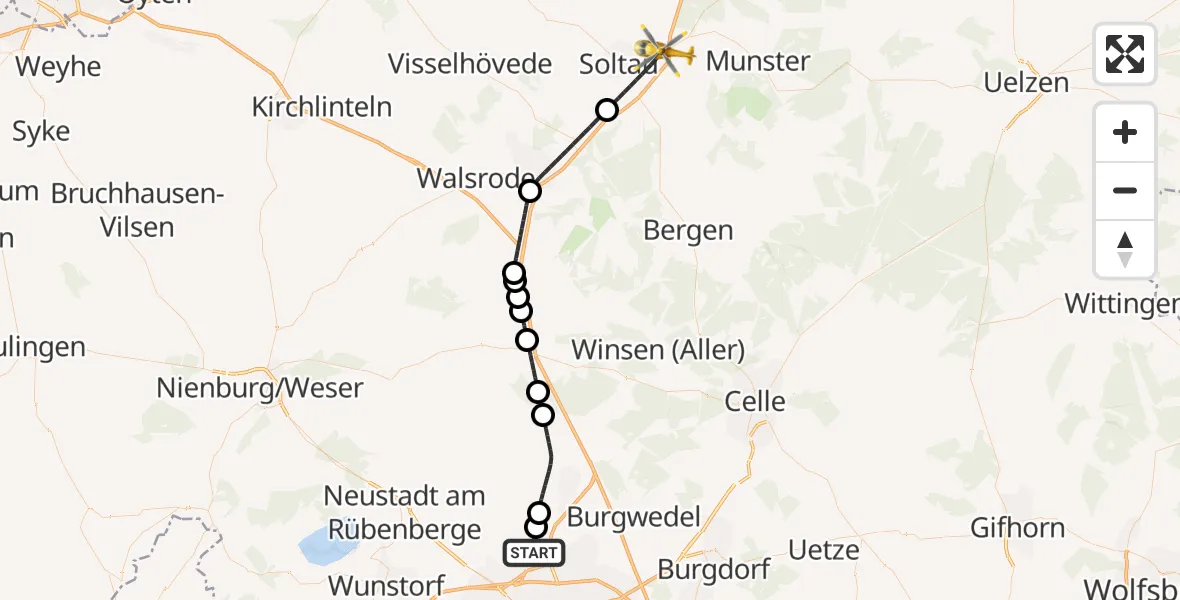 Flugroute Rettungshubschrauber Flughafen Hannover - Soltau, 01 Juli 2026, 22:45