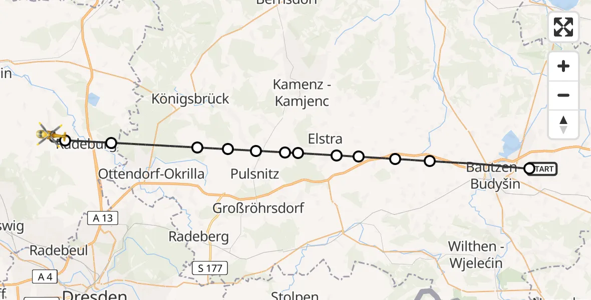 Flugroute Rettungshubschrauber Kubschütz - Ebersbach, 01 Juli 2026, 23:13