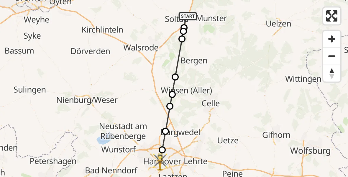 Flugroute Rettungshubschrauber Soltau - Hannover, 01 Juli 2026, 23:31