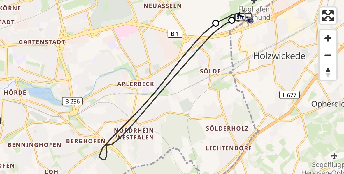 Flugroute Polizeihubschrauber Dortmund Flughafen - Dortmund Flughafen, 02 Juli 2026, 00:04