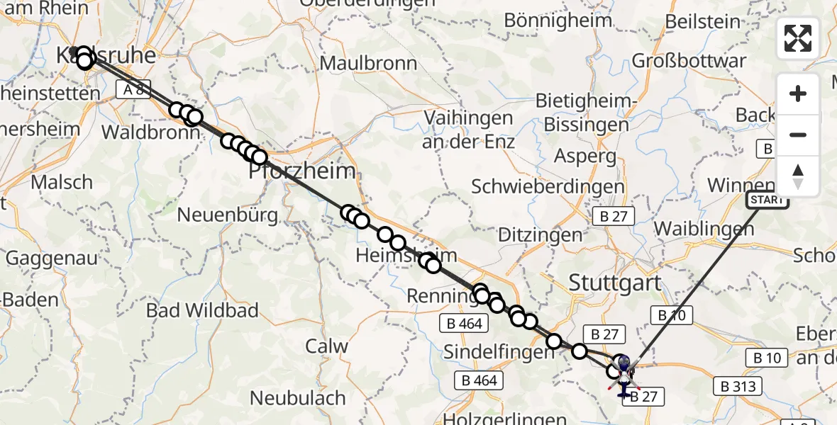 Flugroute Polizeihubschrauber Winnenden - Flughafen Stuttgart, 02 Juli 2026, 00:42