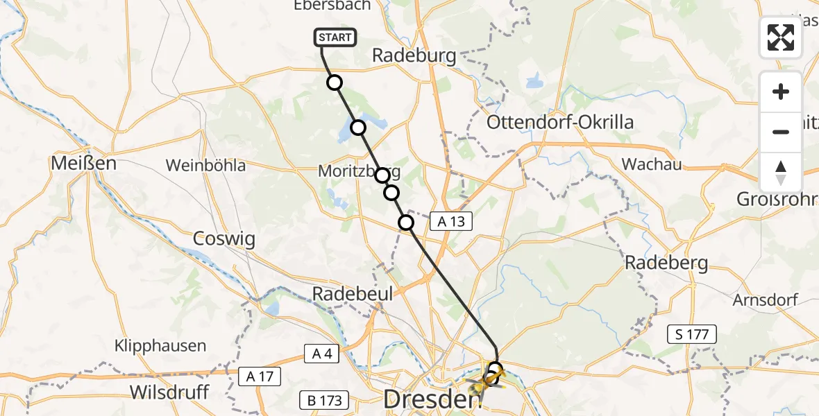 Flugroute Rettungshubschrauber Ebersbach - Dresden University Hospital, 02 Juli 2026, 00:52