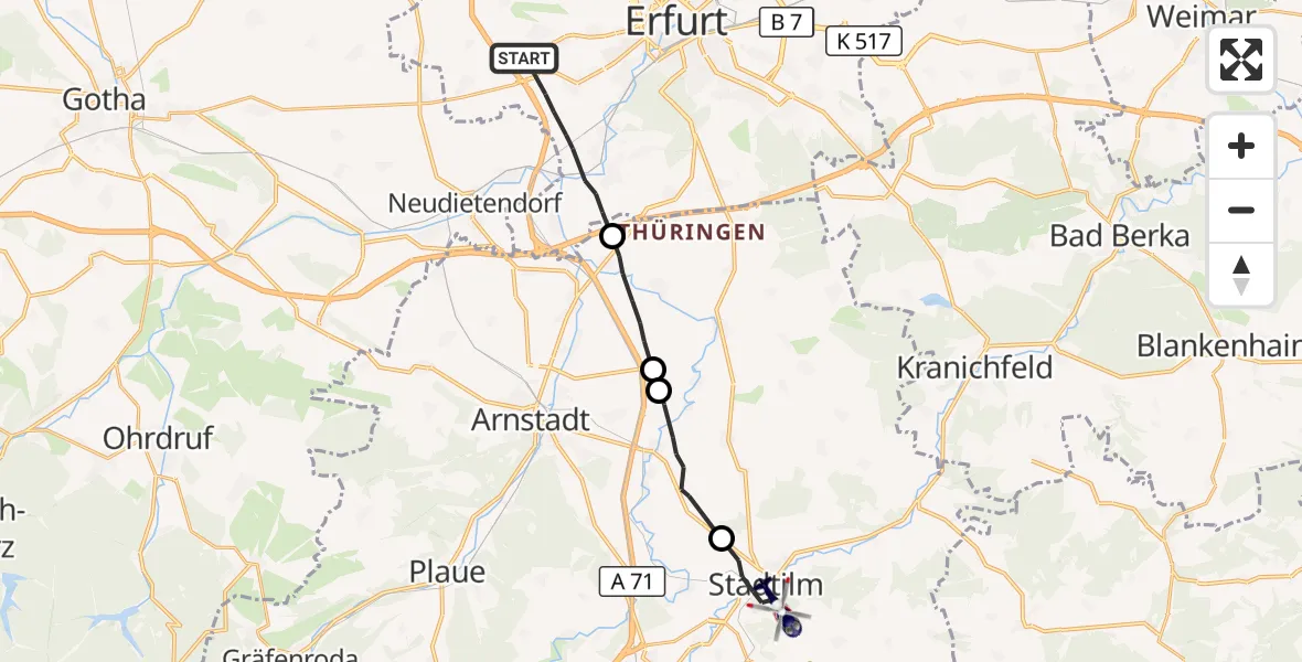 Flugroute Polizeihubschrauber Erfurt - Stadtilm, 02 Juli 2026, 01:37