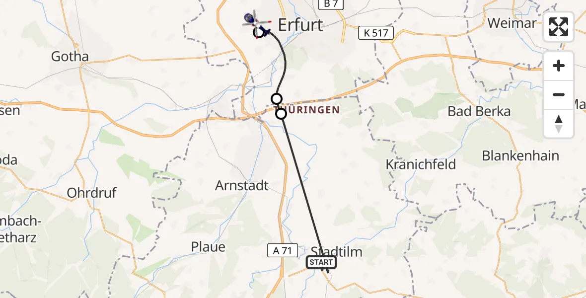 Flugroute Polizeihubschrauber Stadtilm - Erfurt-Weimar Flughafen, 02 Juli 2026, 02:08