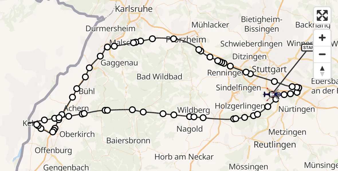 Flugroute Polizeihubschrauber Winnenden - Flughafen Stuttgart, 02 Juli 2026, 02:13