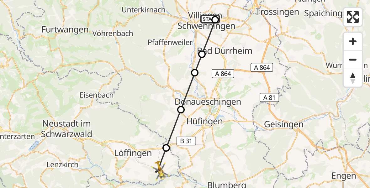 Flugroute Ambulanzhubschrauber DRF Air Rescue Station Villingen-Schwenningen Hubschrauberlandeplatz (Christoph 11) - Löffingen, 02 Juli 2026, 02:48
