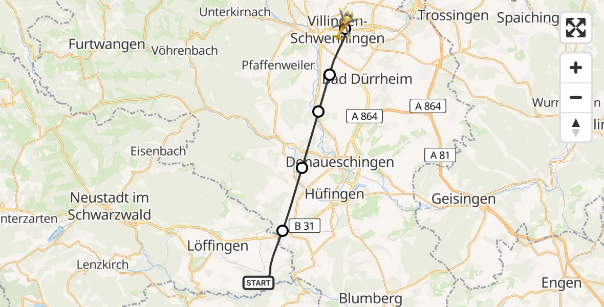 Flugroute Ambulanzhubschrauber Löffingen - DRF Air Rescue Station Villingen-Schwenningen Hubschrauberlandeplatz (Christoph 11), 02 Juli 2026, 03:50