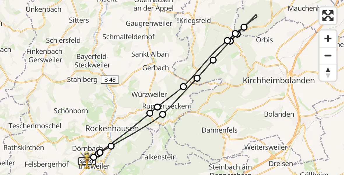Flugroute Rettungshubschrauber Imsweiler UL - Imsweiler UL, 02 Juli 2026, 05:30