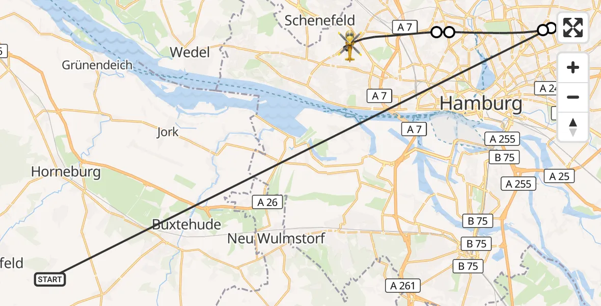 Flugroute Rettungshubschrauber Harsefeld - Hamburg, 02 Juli 2026, 05:35