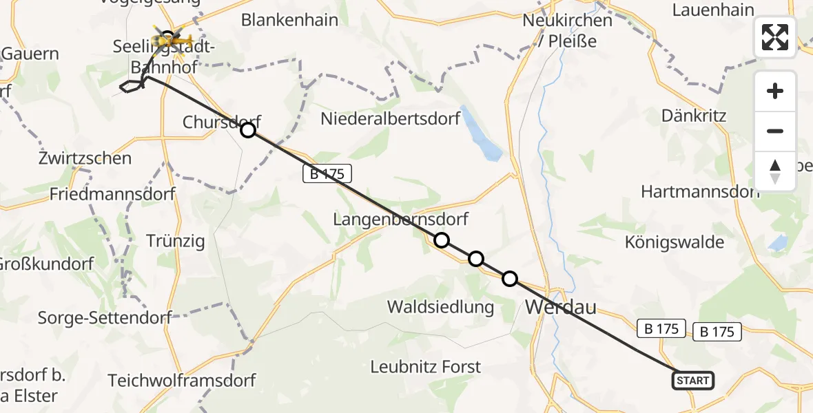 Flugroute Rettungshubschrauber Werdau - Braunichswalde, 02 Juli 2026, 06:06