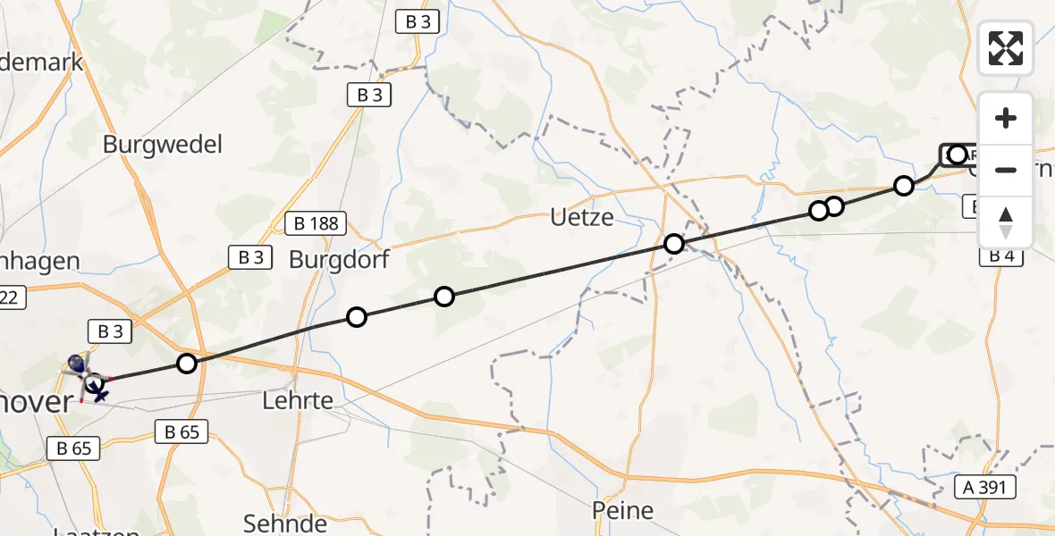 Flugroute Polizeihubschrauber Gifhorn Bundespolizei Hubschrauberlandeplatz - Hannover Luftrettung Hubschrauberlandeplatz (Christoph 4), 02 Juli 2026, 06:20