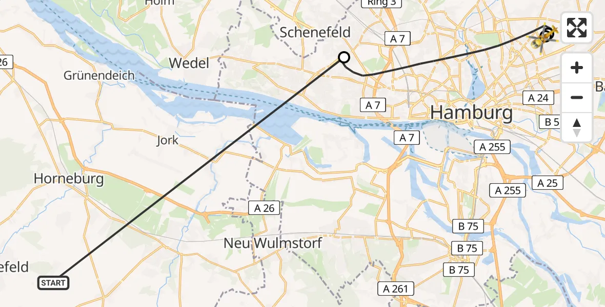 Flugroute Rettungshubschrauber Harsefeld - Hamburg Military Hospital, 02 Juli 2026, 06:20