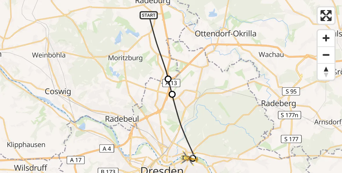 Flugroute Rettungshubschrauber Radeburg - Dresden Elbwiesen Hubschrauberlandeplatz, 02 Juli 2026, 06:20