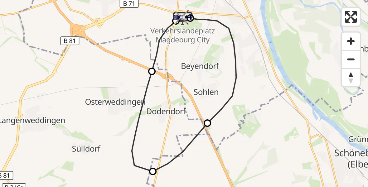 Flugroute Polizeihubschrauber Magdeburg City Flugplatz - Magdeburg City Flugplatz, 02 Juli 2026, 06:29