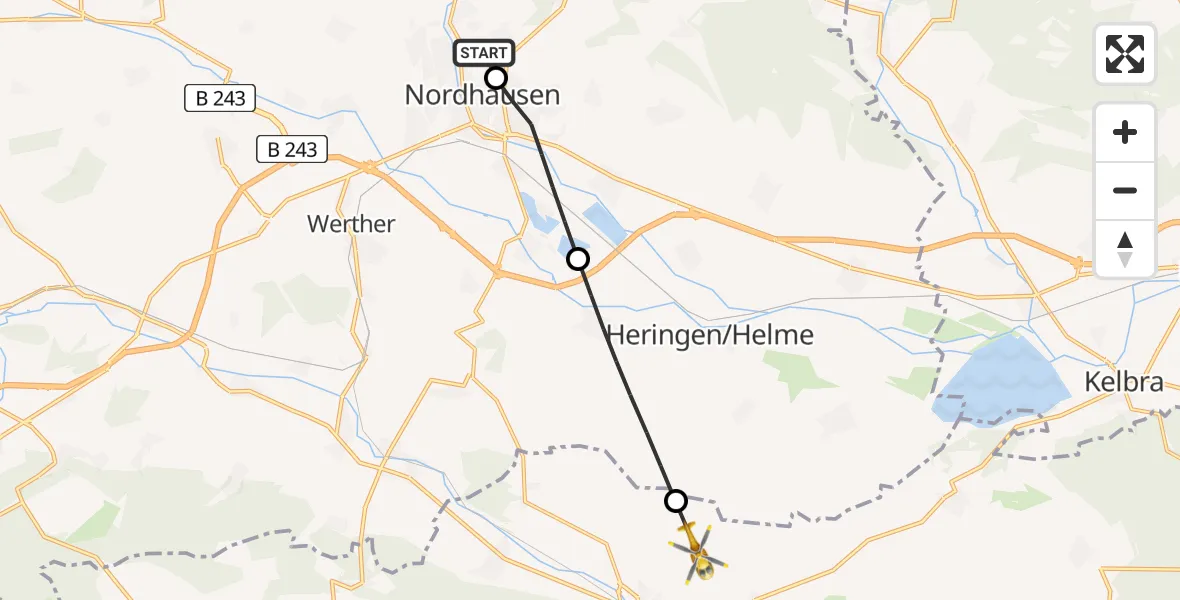 Flugroute Rettungshubschrauber Südharz Hospital Nordhausen - Sondershausen, 02 Juli 2026, 06:37