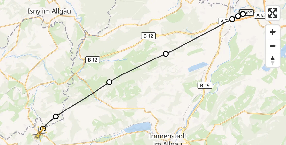 Flugroute Rettungshubschrauber Kempten-Durach Flugplatz - Oberstaufen, 02 Juli 2026, 06:42