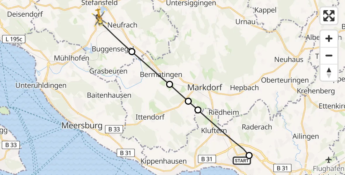 Flugroute Rettungshubschrauber Friedrichshafen Hospital - Salem, 02 Juli 2026, 06:49
