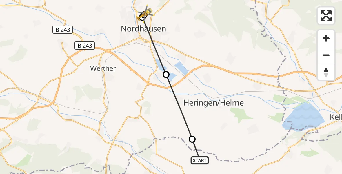 Flugroute Rettungshubschrauber Sondershausen - Südharz Hospital Nordhausen, 02 Juli 2026, 06:58