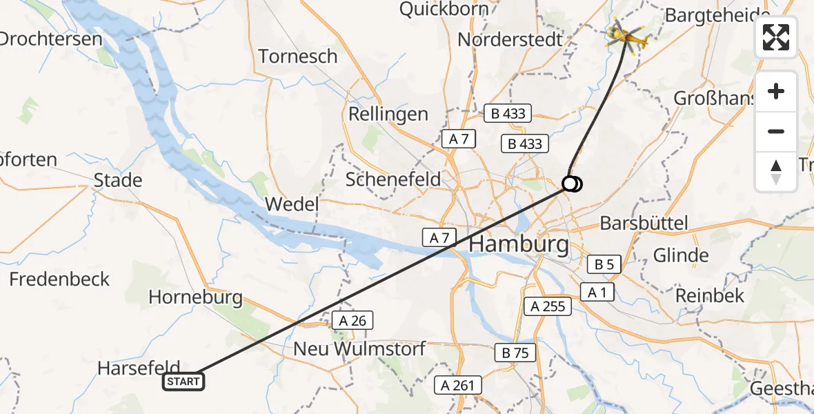 Flugroute Rettungshubschrauber Harsefeld - Hamburg, 02 Juli 2026, 06:59