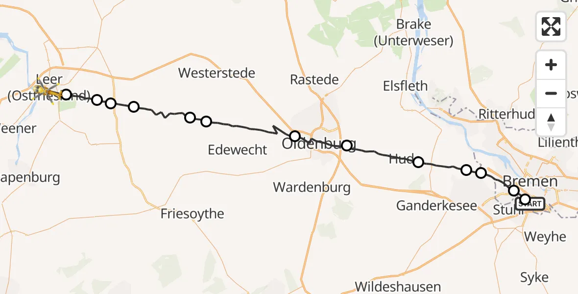 Flugroute Rettungshubschrauber Bremen - Leer (Ostfriesland), 02 Juli 2026, 07:01