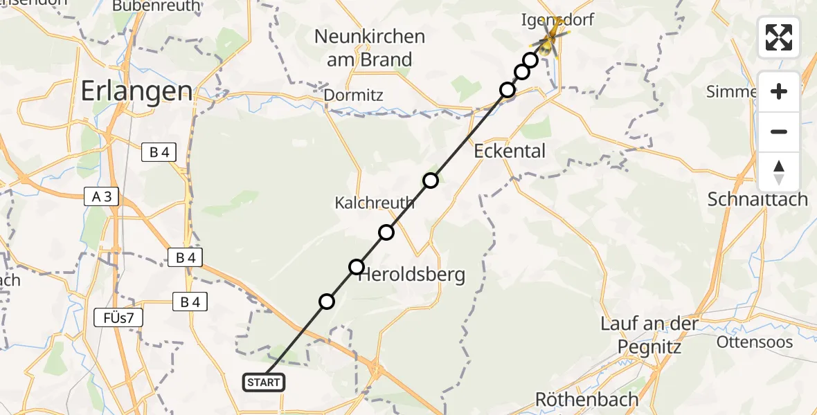 Flugroute Ambulanzhubschrauber Flughafen Nuremberg - Igensdorf, 02 Juli 2026, 07:01