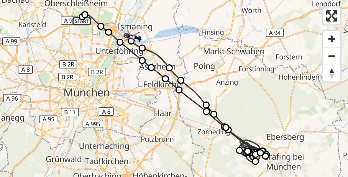 Flugroute Polizeihubschrauber Oberschleißheim - Ismaning, 02 Juli 2026, 07:03