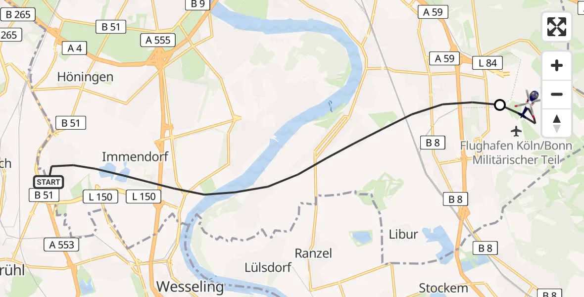 Flugroute Polizeihubschrauber Köln - Köln Bonn Flughafen, 02 Juli 2026, 07:08