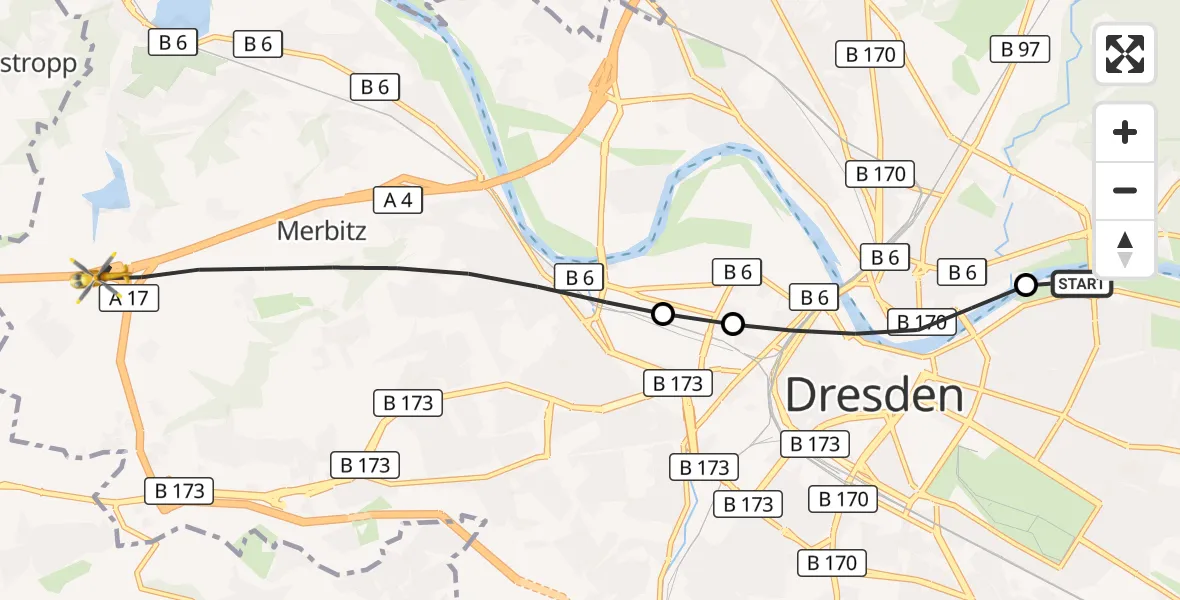 Flugroute Rettungshubschrauber Dresden Elbwiesen Hubschrauberlandeplatz - Dresden, 02 Juli 2026, 07:09